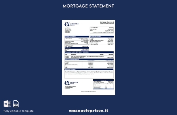 stile verificato Estratto conto mutuo Lussemburgo Advanzia Bank Modello Word e m
